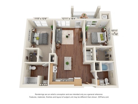Oaks Landings_3D_2 Bedroom_2D Floor Pan
